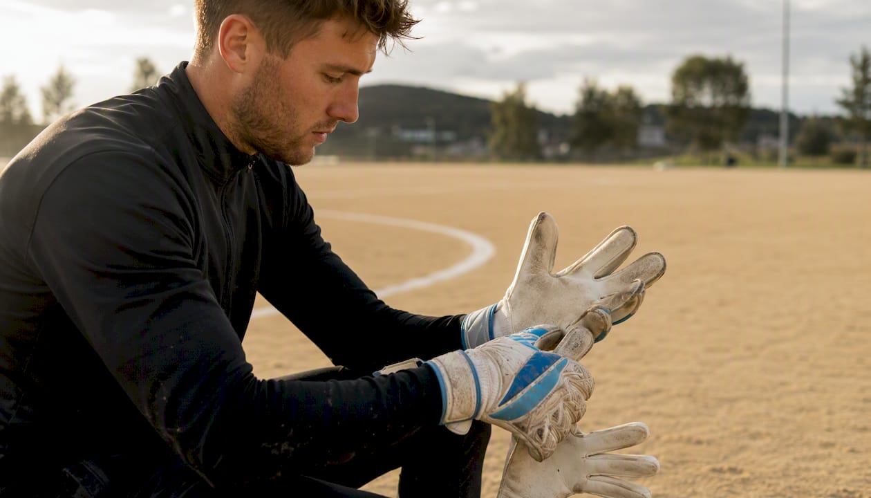 Der Torwart wechselt während des Trainings seine Handschuhe, um verschiedene Modelle auszuprobieren.