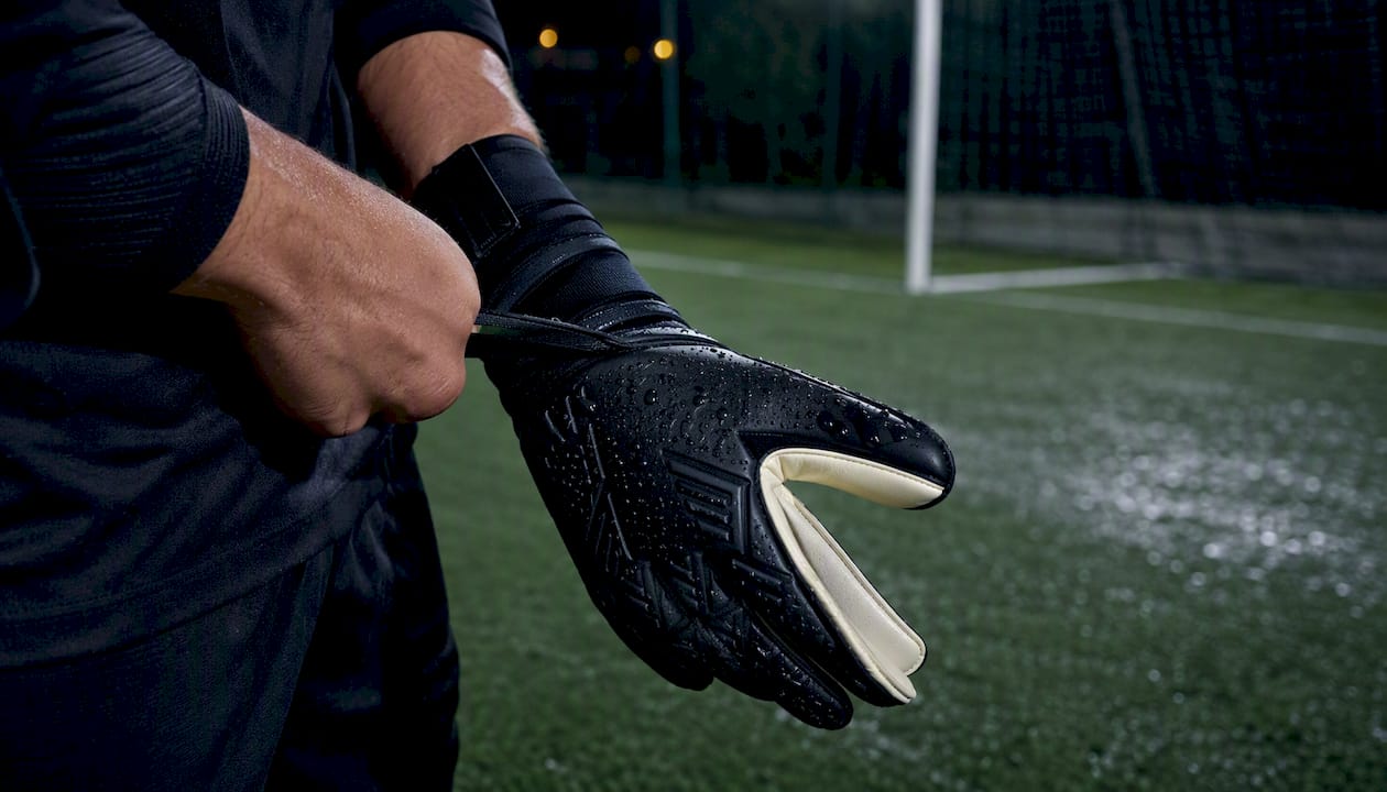 Ein Torwart zieht sich seine eng anliegenden Negativschnitt-Handschuhe über.