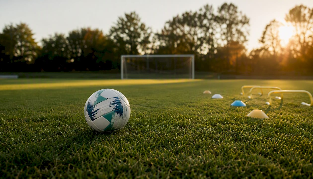 Lockereres Fußballtraining auf dem Rasen mit Hütchenmarkierungen