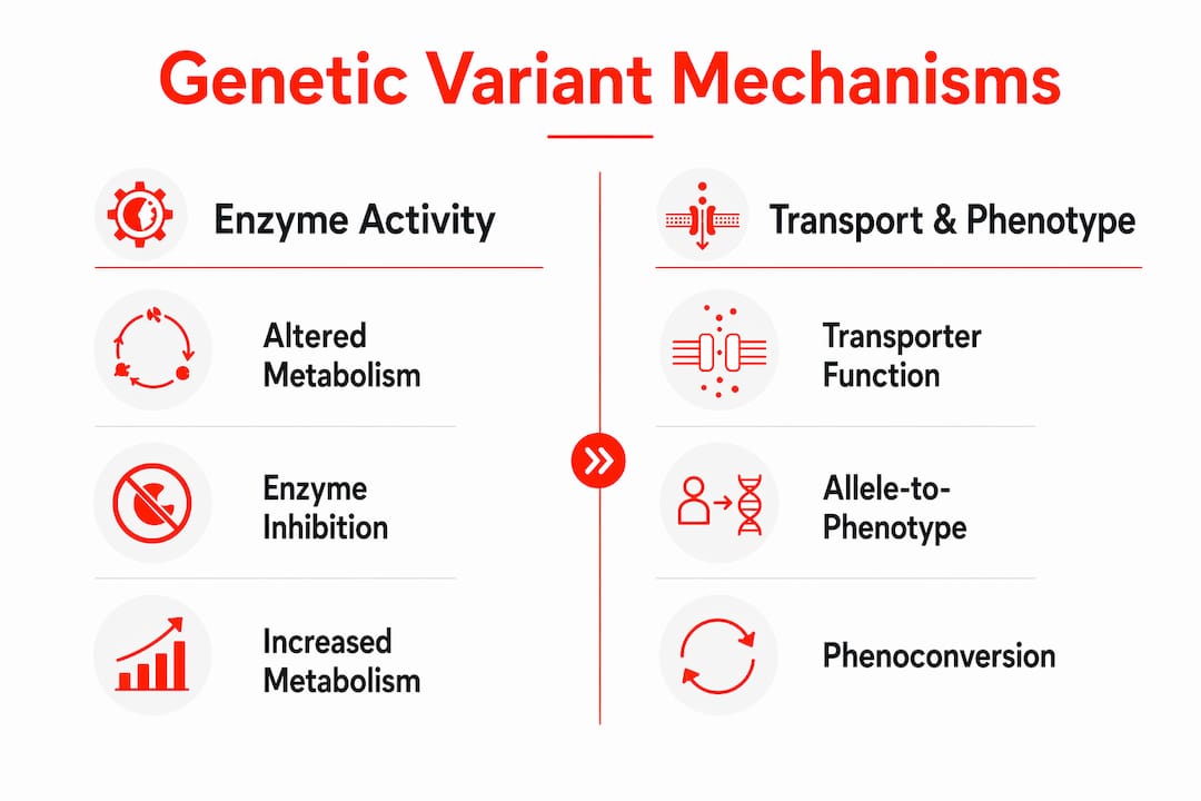Infographic of genetic variant mechanisms altering drug response