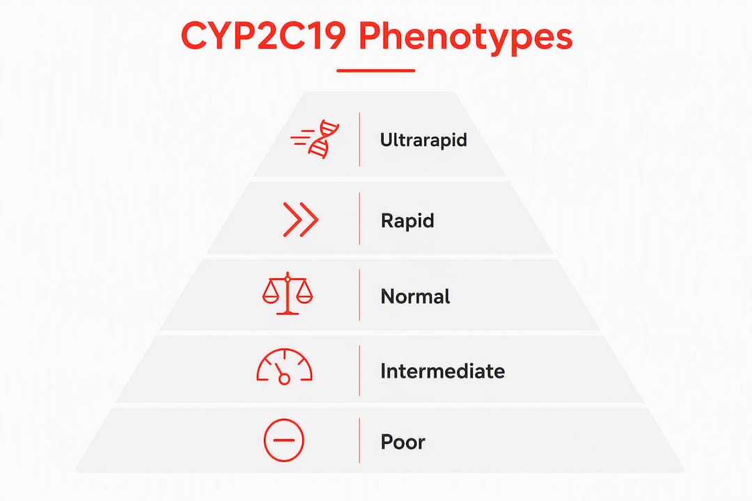 Infographic showing CYP2C19 genotype-phenotype hierarchy