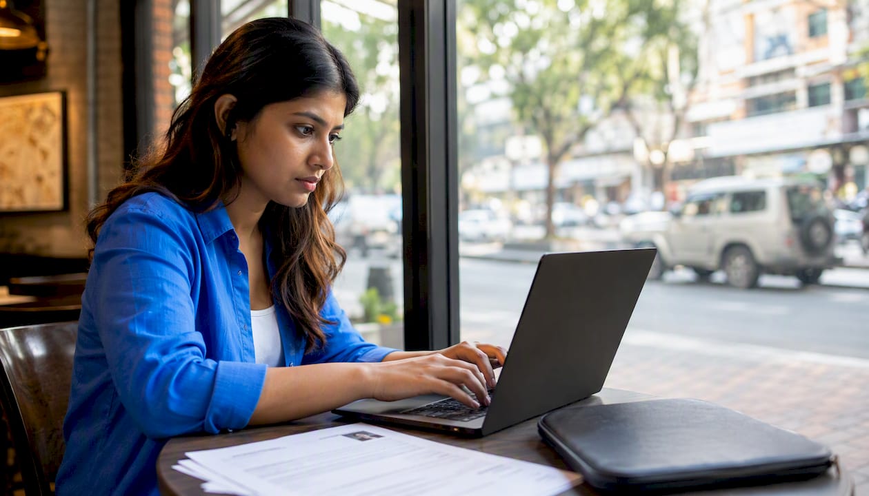 Woman creating marketing portfolio at home