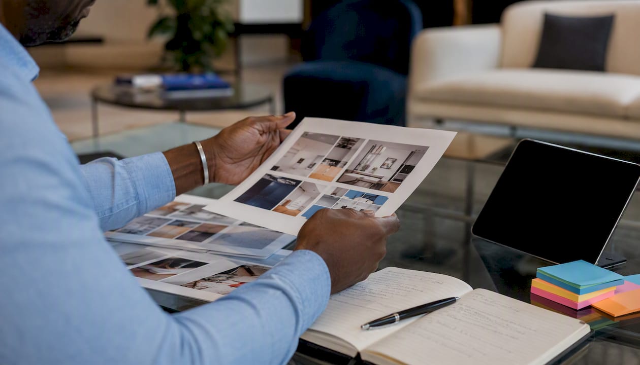 Hands reviewing marketing portfolio papers
