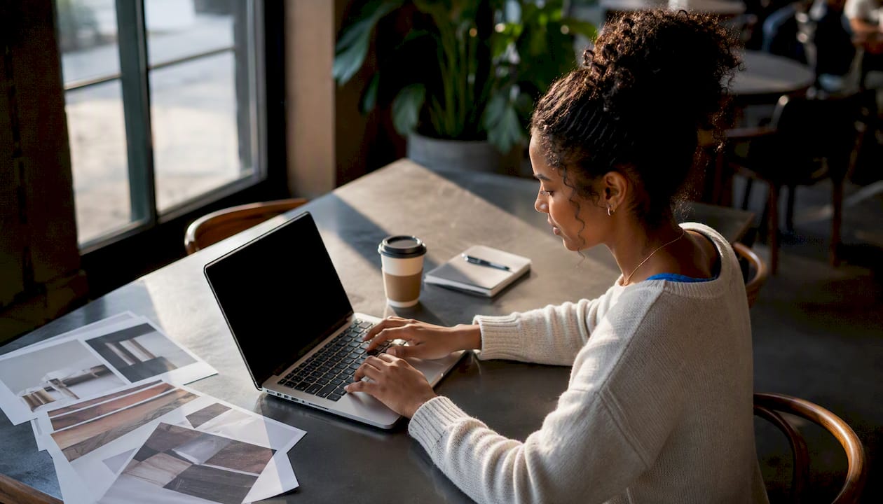Woman working on job search portfolio at home desk