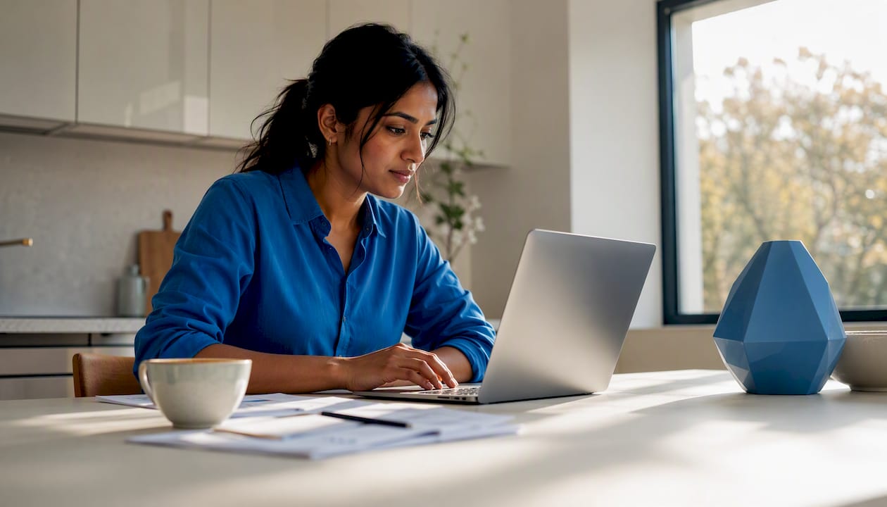 Woman reviewing data analyst portfolio at home desk
