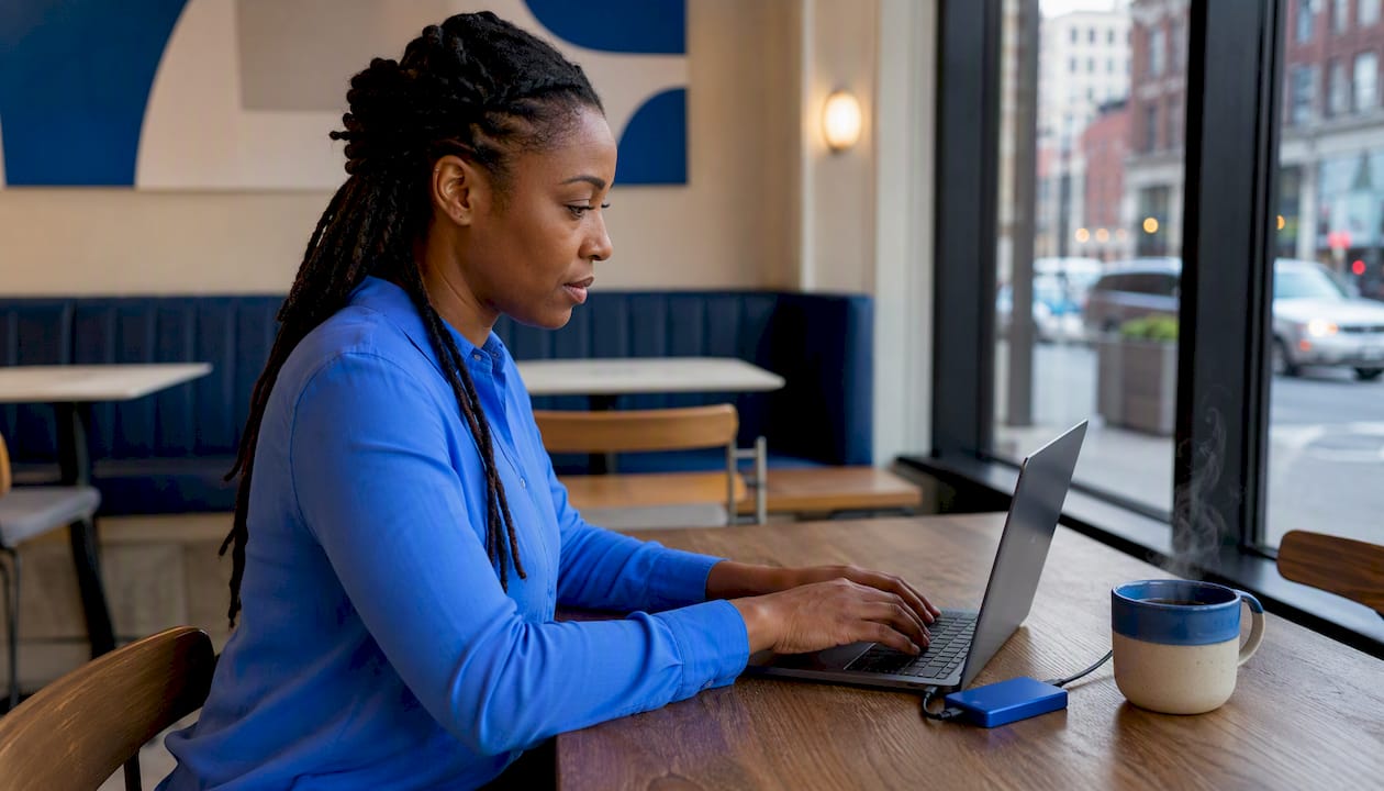 Side view of professional working on laptop in modern office