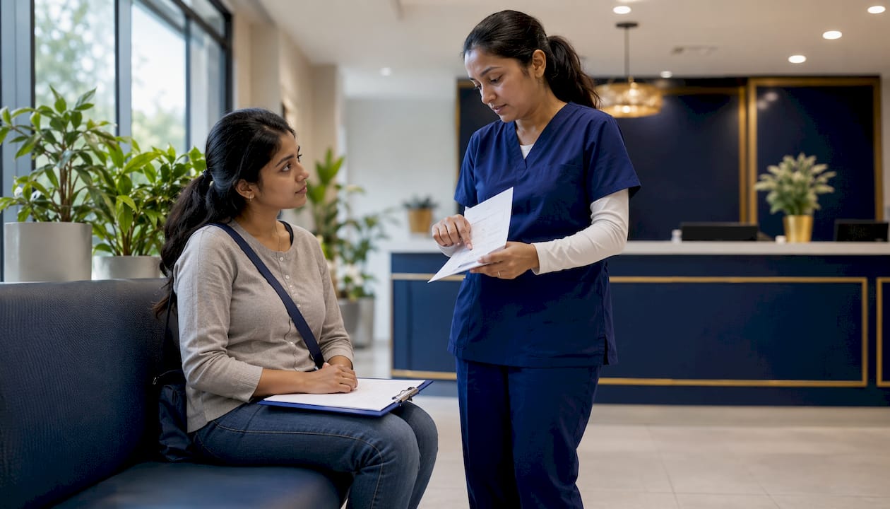 Patient and nurse reviewing vaccination records