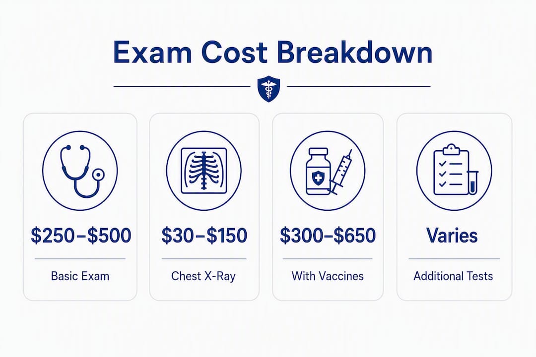 Infographic showing green card medical exam cost range