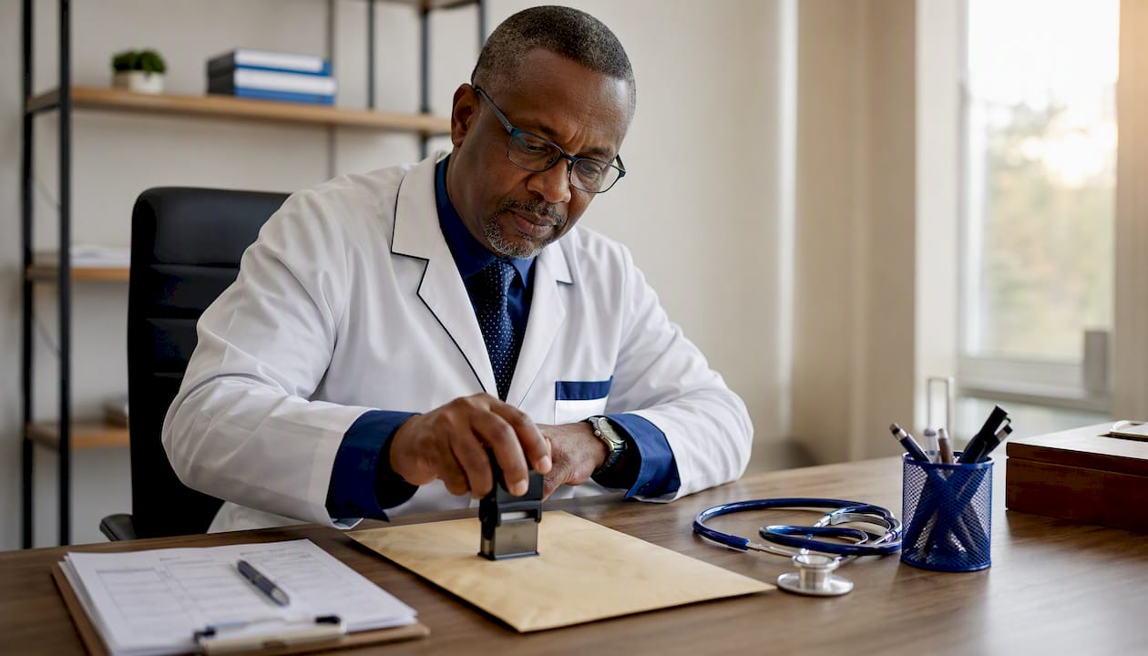Civil surgeon sealing stamped I-693 envelope
