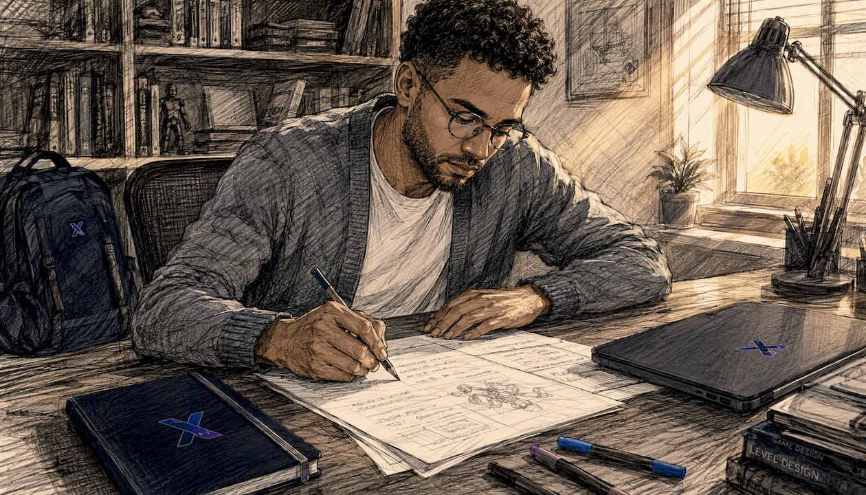 Designer reviewing printed game design documents
