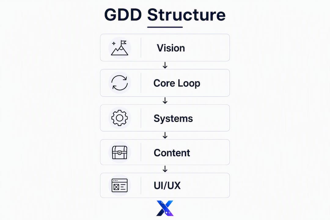 Infographic outlining game design document structure