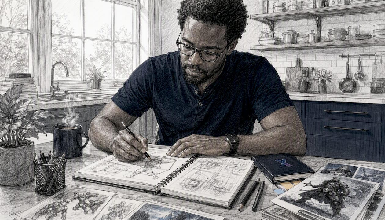 Designer writing portfolio notes at desk