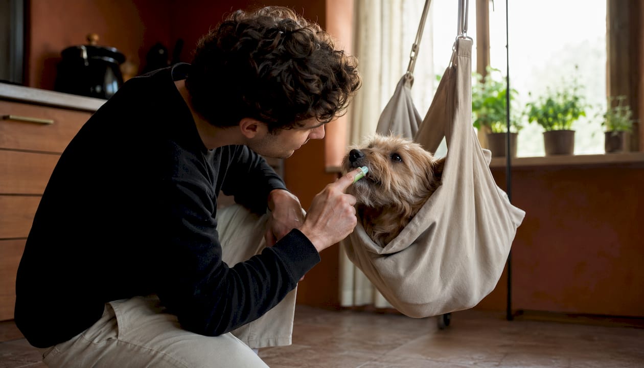 Dog in grooming hammock during dental care