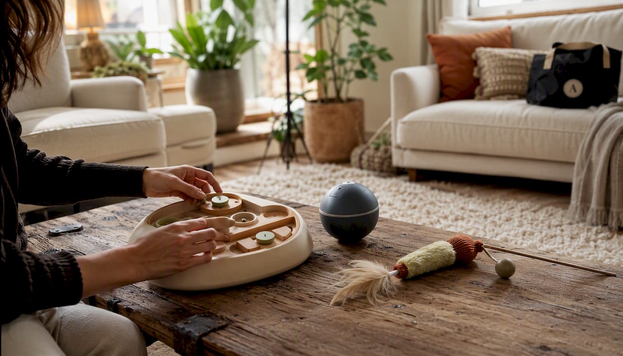 Hands assembling different interactive pet toys on table