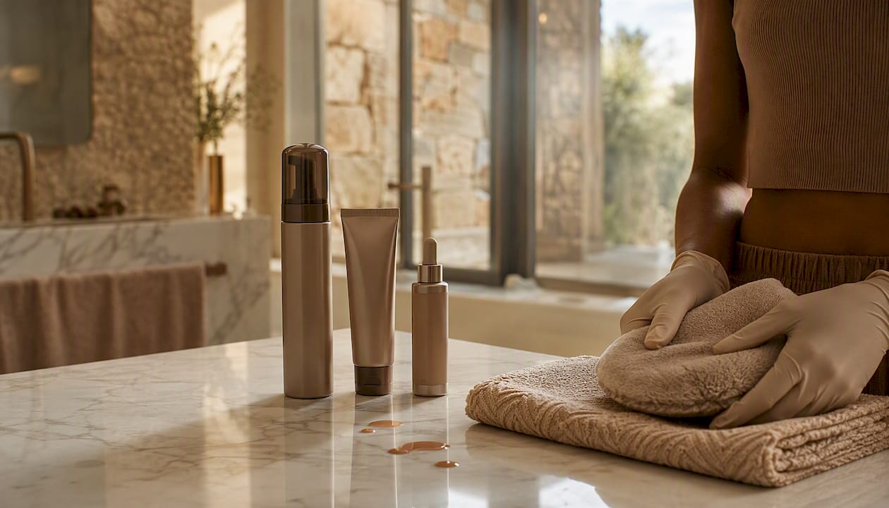 Flat lay of sunless tanning products and hands