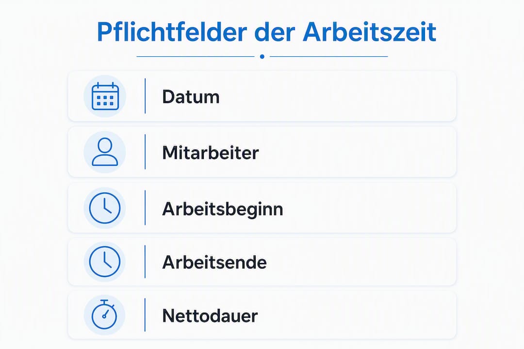 Übersicht: Die fünf wichtigsten Angaben für die gesetzeskonforme Arbeitszeiterfassung