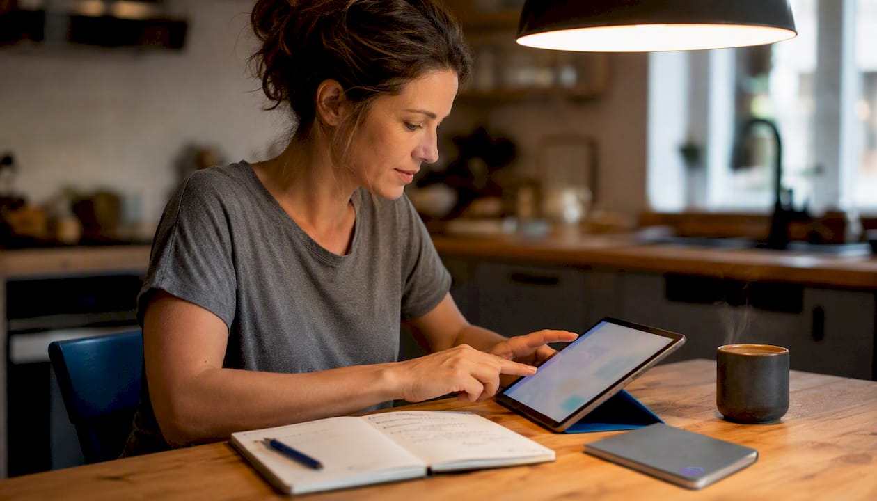 Eine Mitarbeiterin trägt ihre Arbeitszeiten auf einem digitalen Tablet ein.