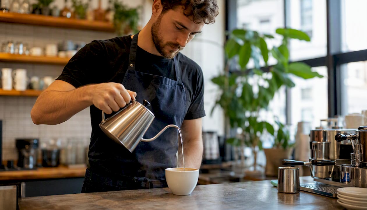 Ein Barista schenkt gerade frischen Kaffee in eine Tasse ein.