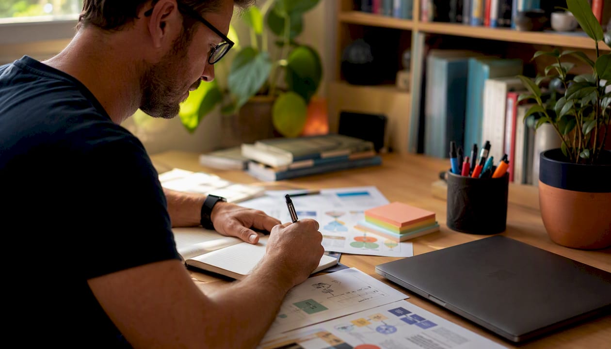Over-shoulder view of teacher's education workspace at home