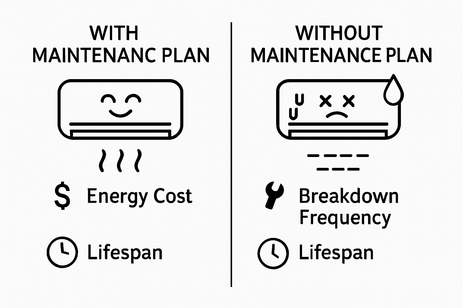 Infographic comparing AC maintenance plans: cost, breakdowns, lifespan.