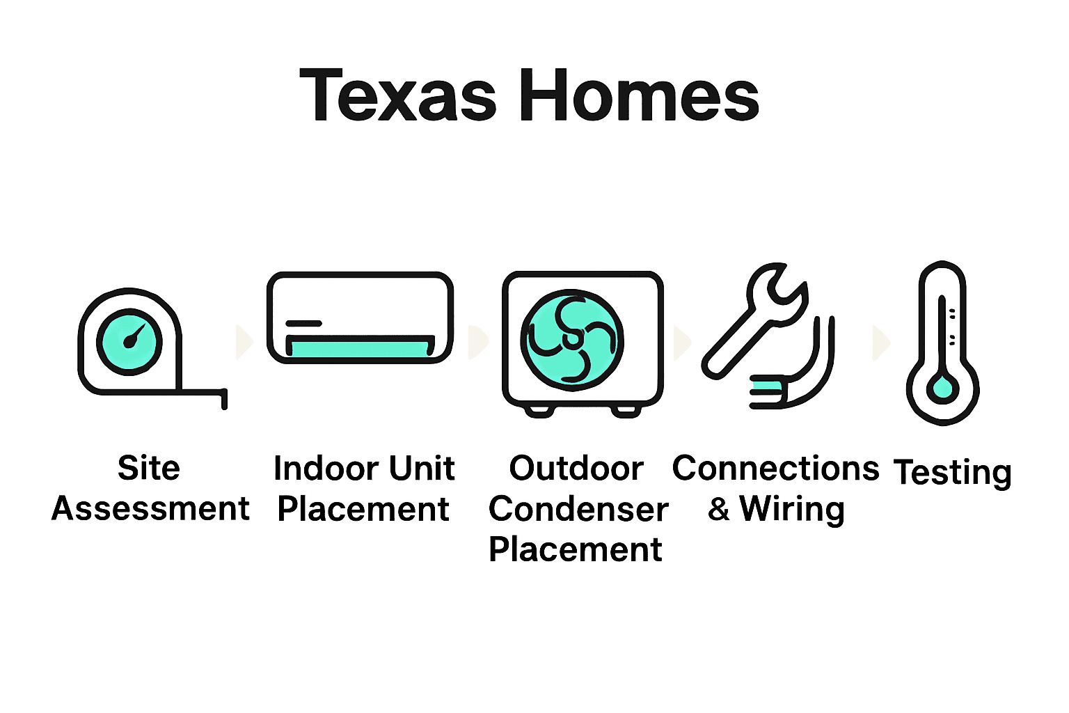 Infographic showing 5 steps to install ductless mini split in Texas home