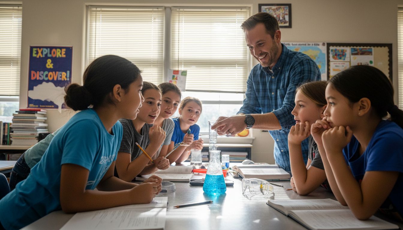 Students watch experiment during school assembly