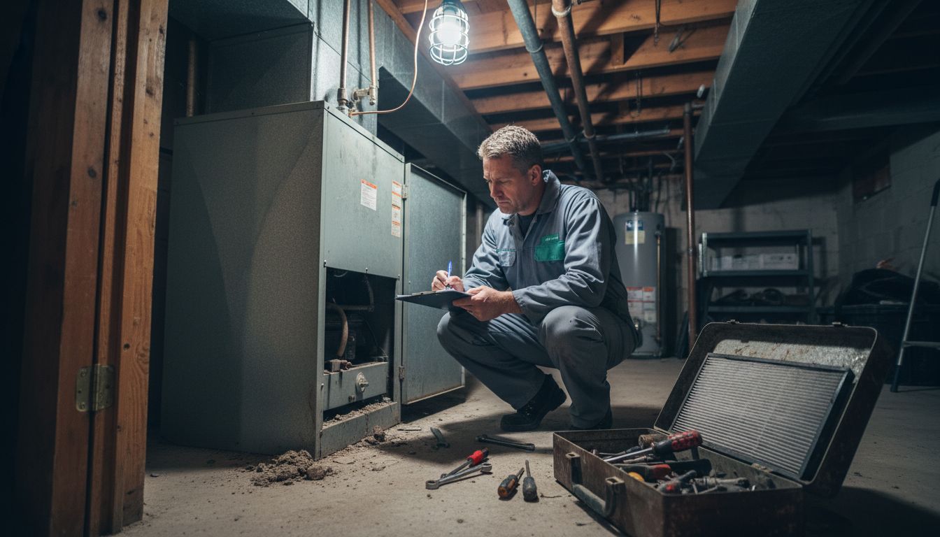 HVAC technician inspecting furnace for issues