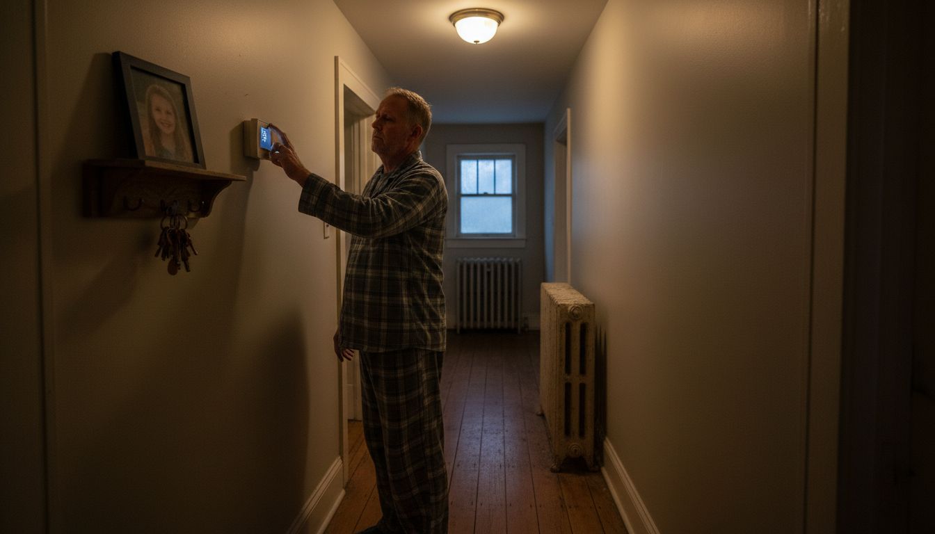Man lowering thermostat before bed at night