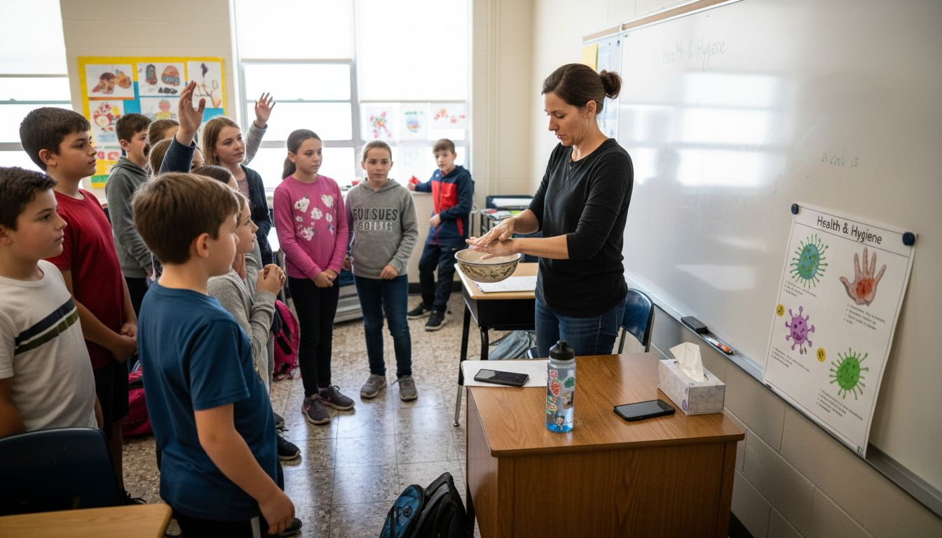Teacher leading interactive health assembly session