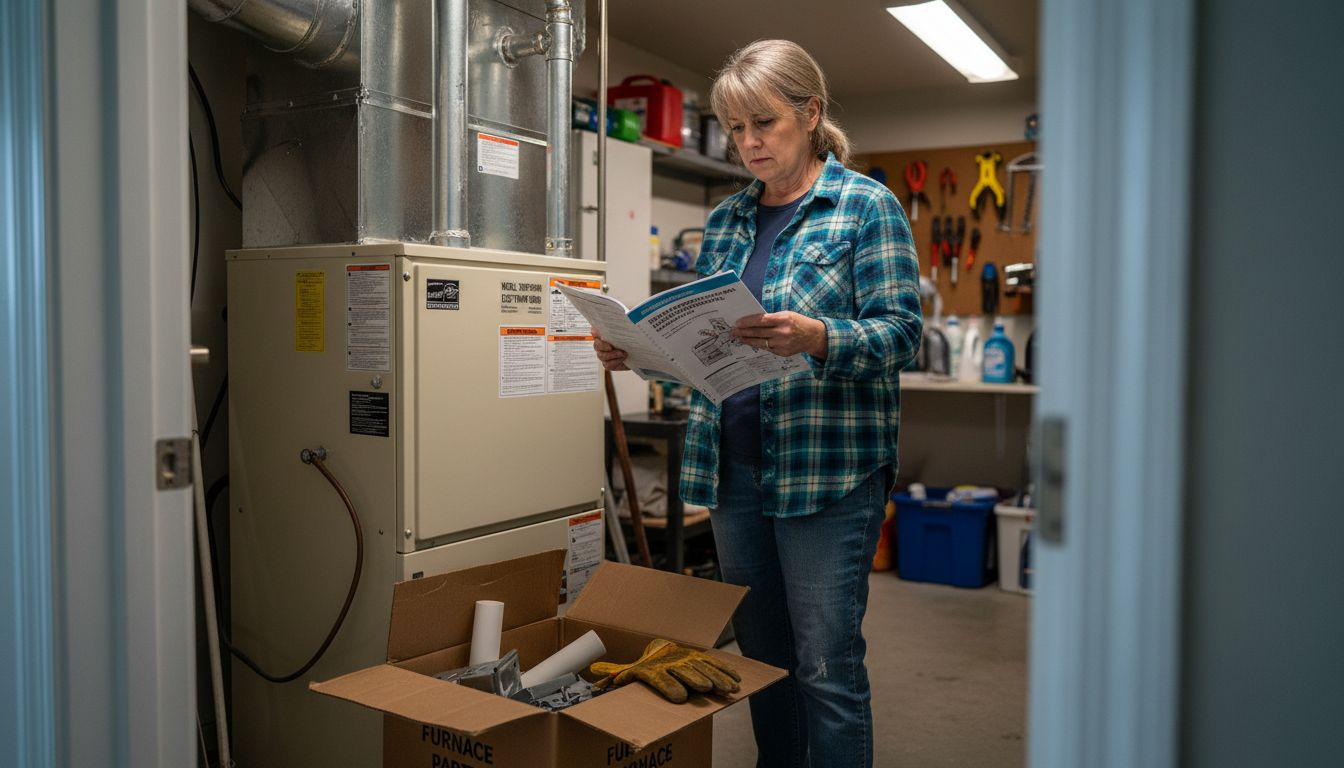 Homeowner reviews furnace manual in utility room