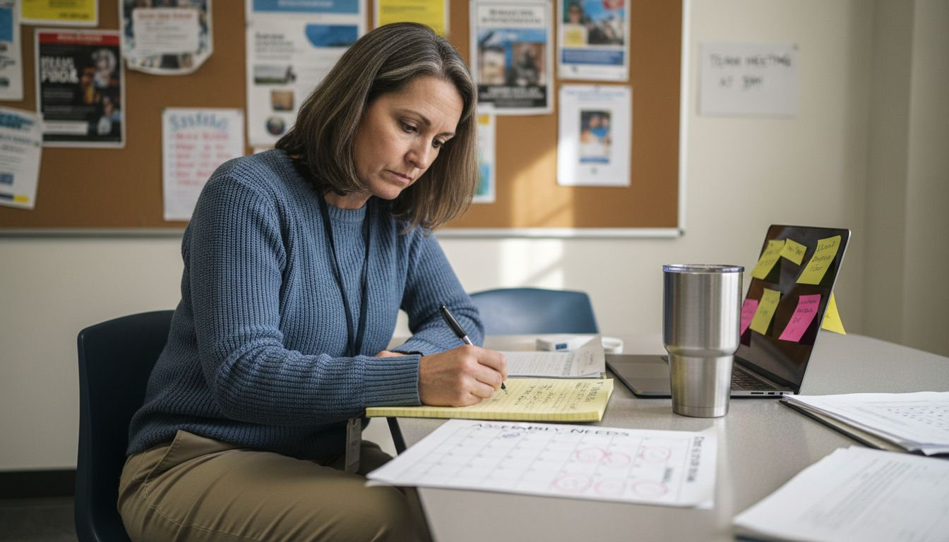 Teacher planning an upcoming school assembly