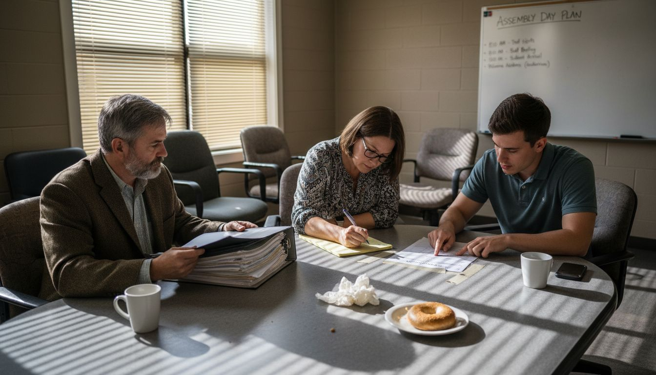 School staff planning assembly event logistics