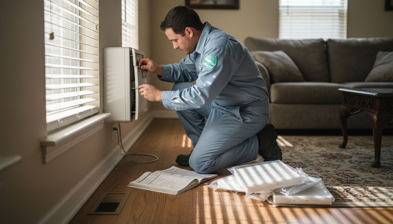 Technician checking indoor HVAC air handler