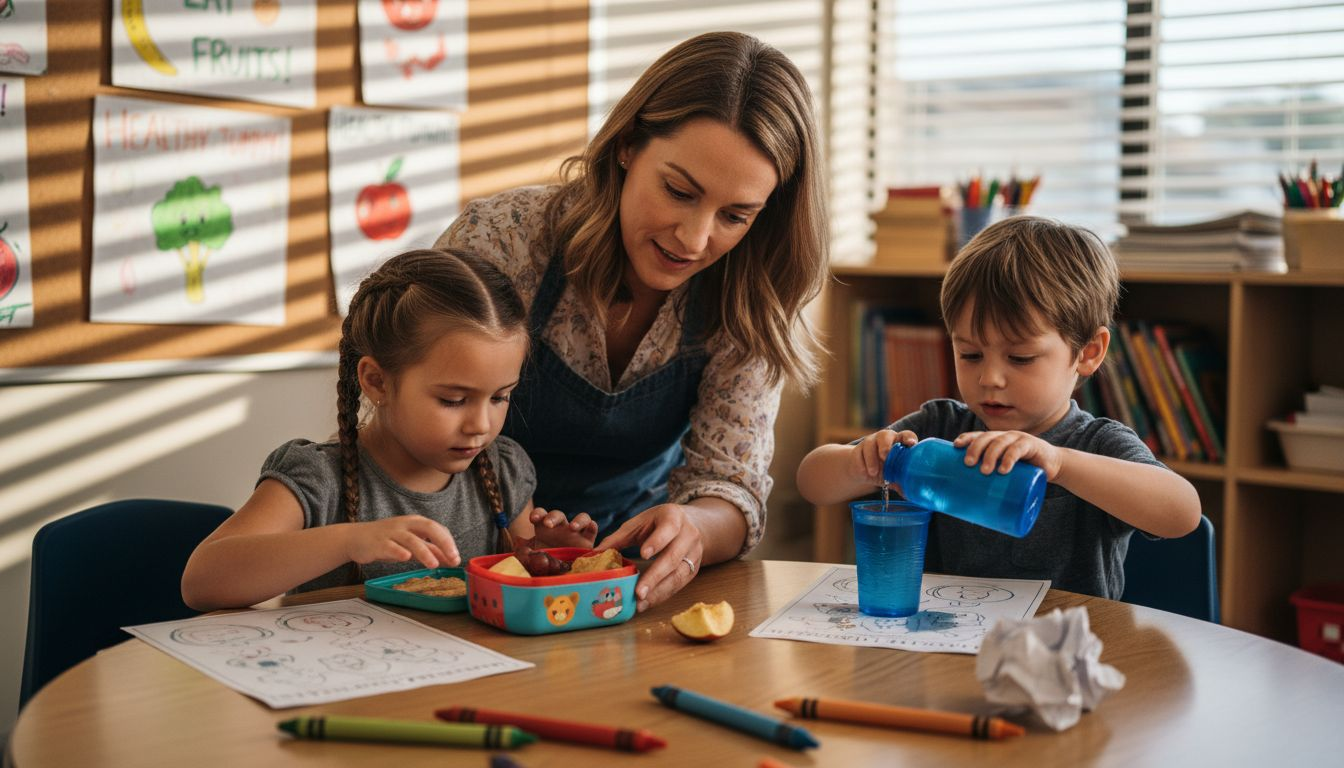 Teacher helps students with healthy classroom lunch