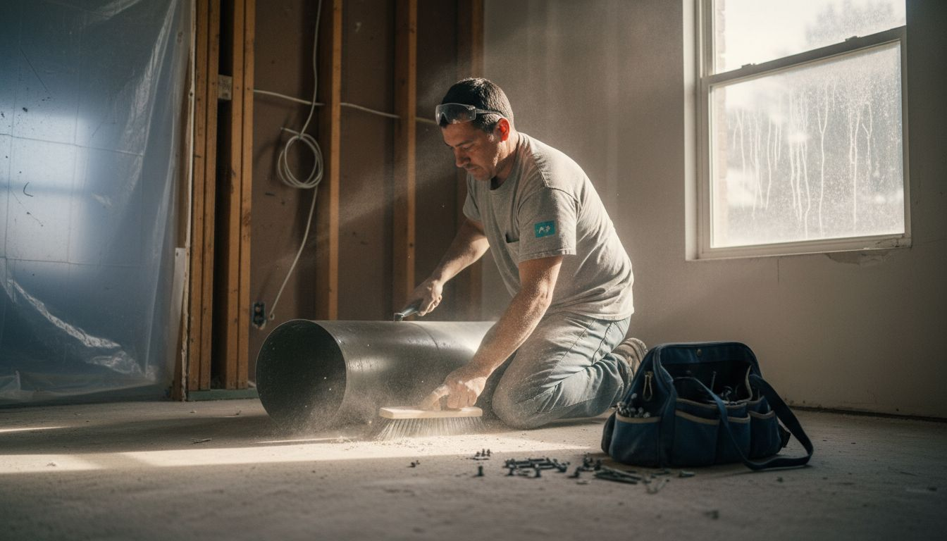 Worker cleaning duct dust after renovation