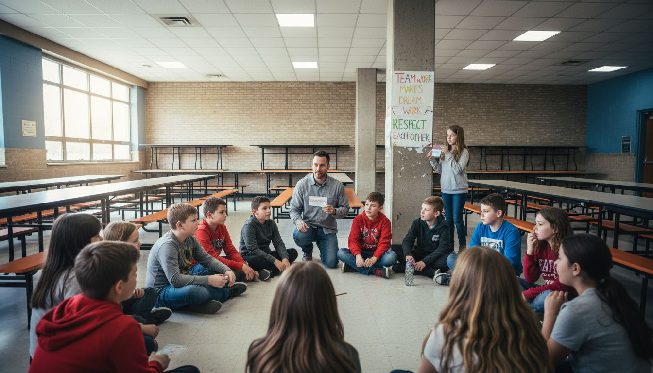 Teacher leading interactive Detroit school assembly