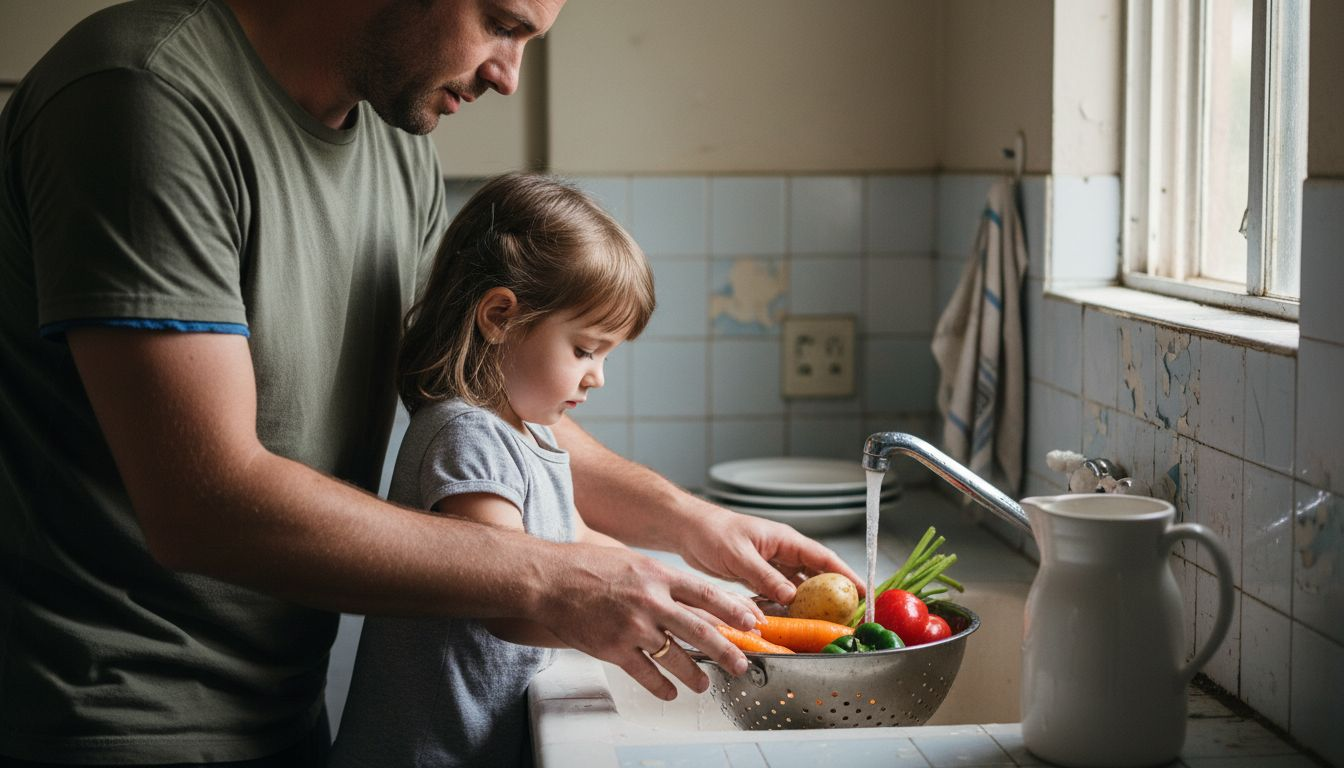 Family washing produce at mineral-stained sink