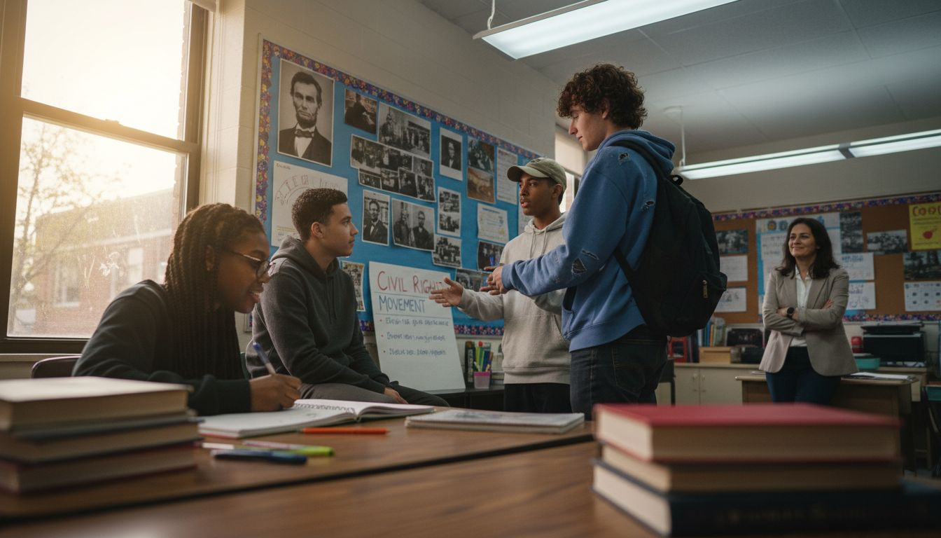 Students engaged near American history display