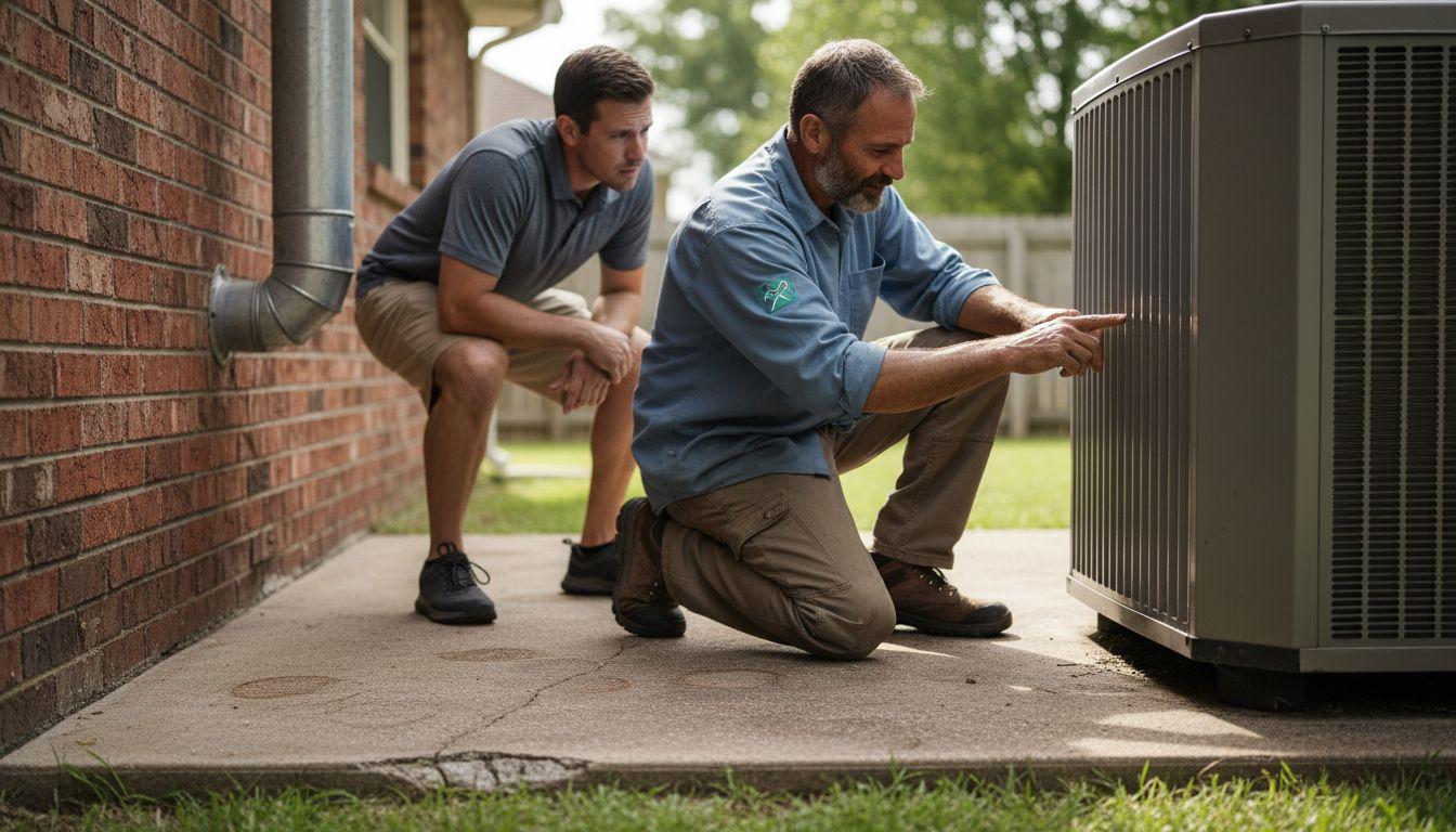 Technician compares heat pump and furnace outdoors