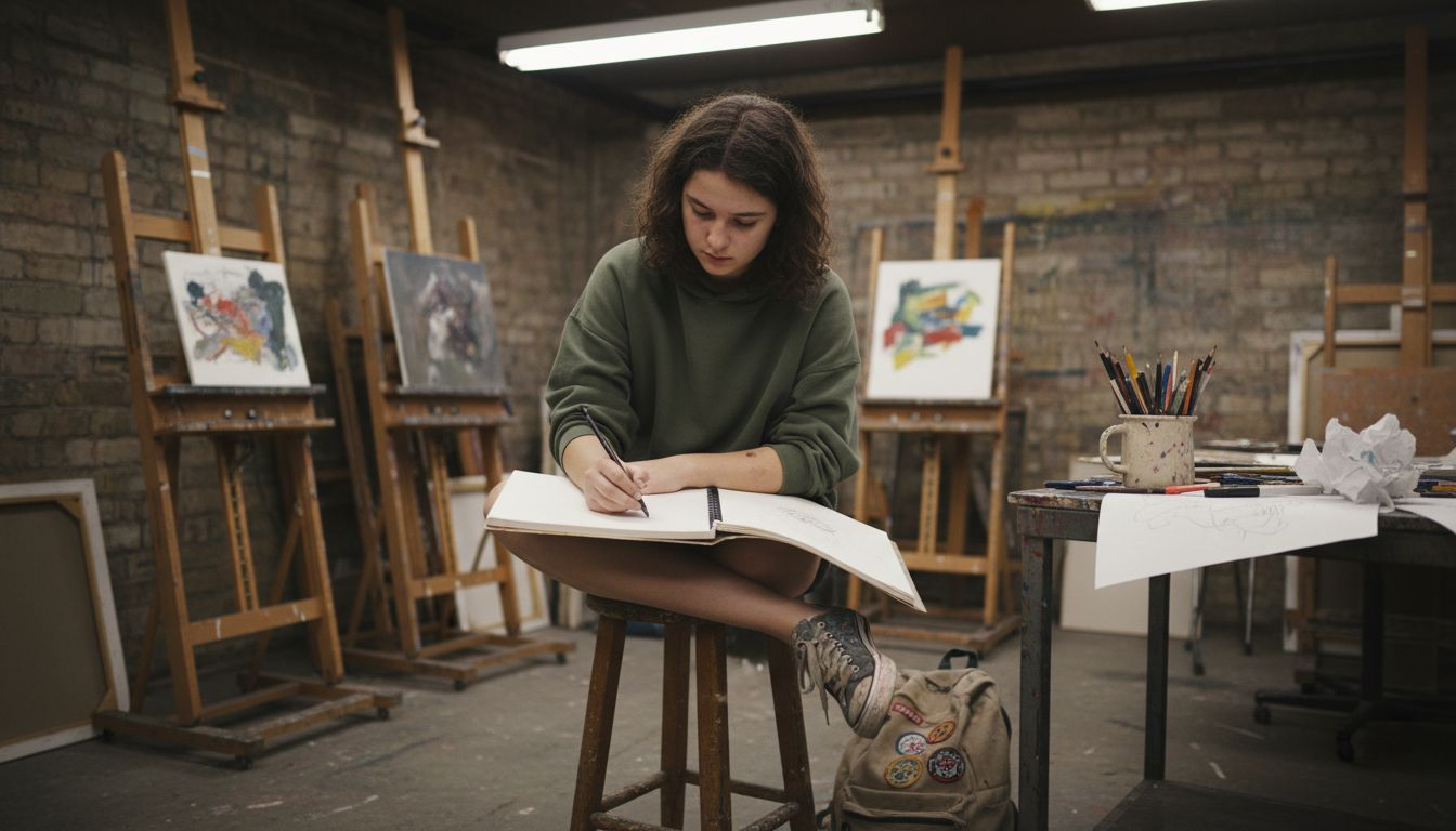 Teen student sketching in basement art studio