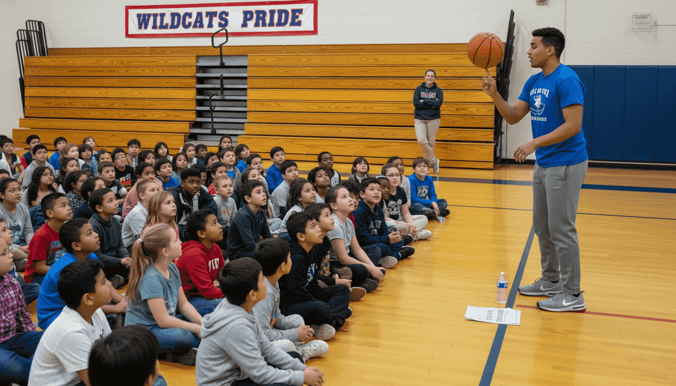 Performer entertaining students at school assembly