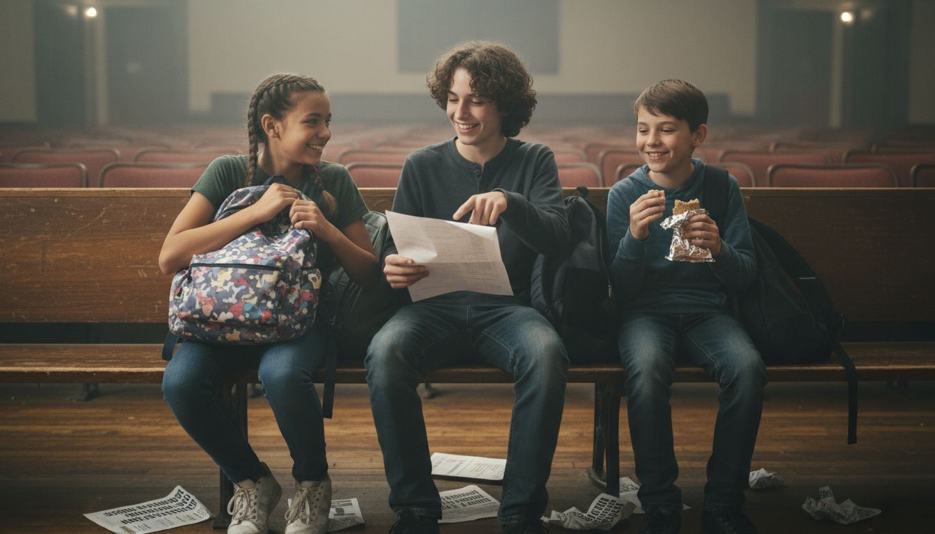 Students talking after assembly on bench