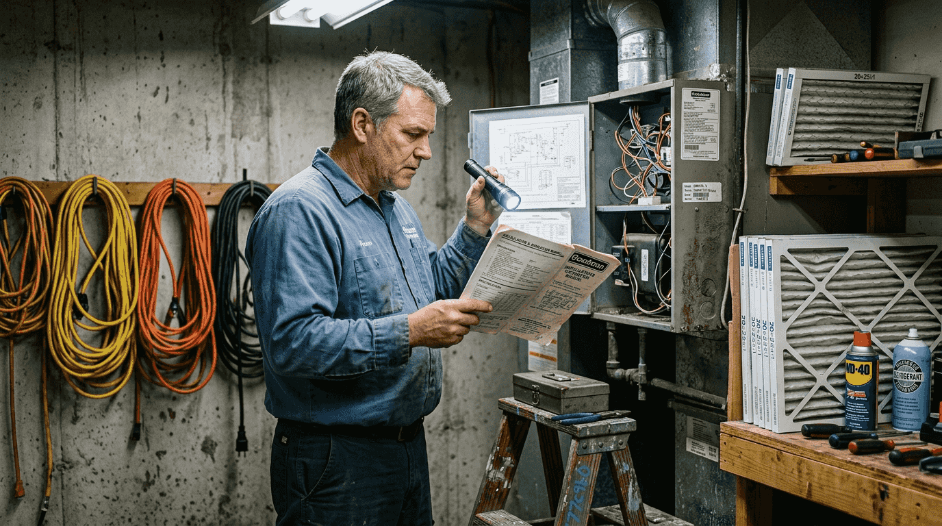 Man reviewing HVAC unit prep checklist in garage