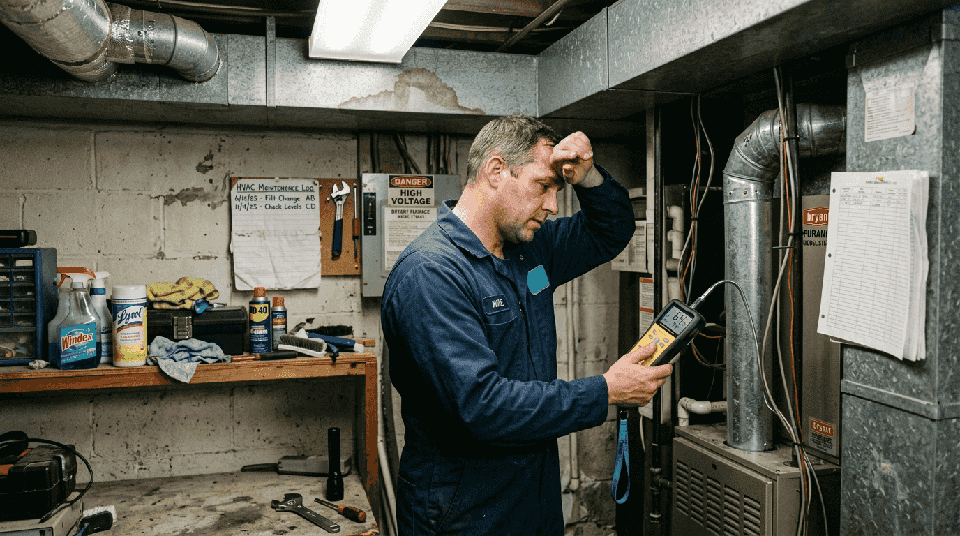 Technician checking HVAC for humidity and mold
