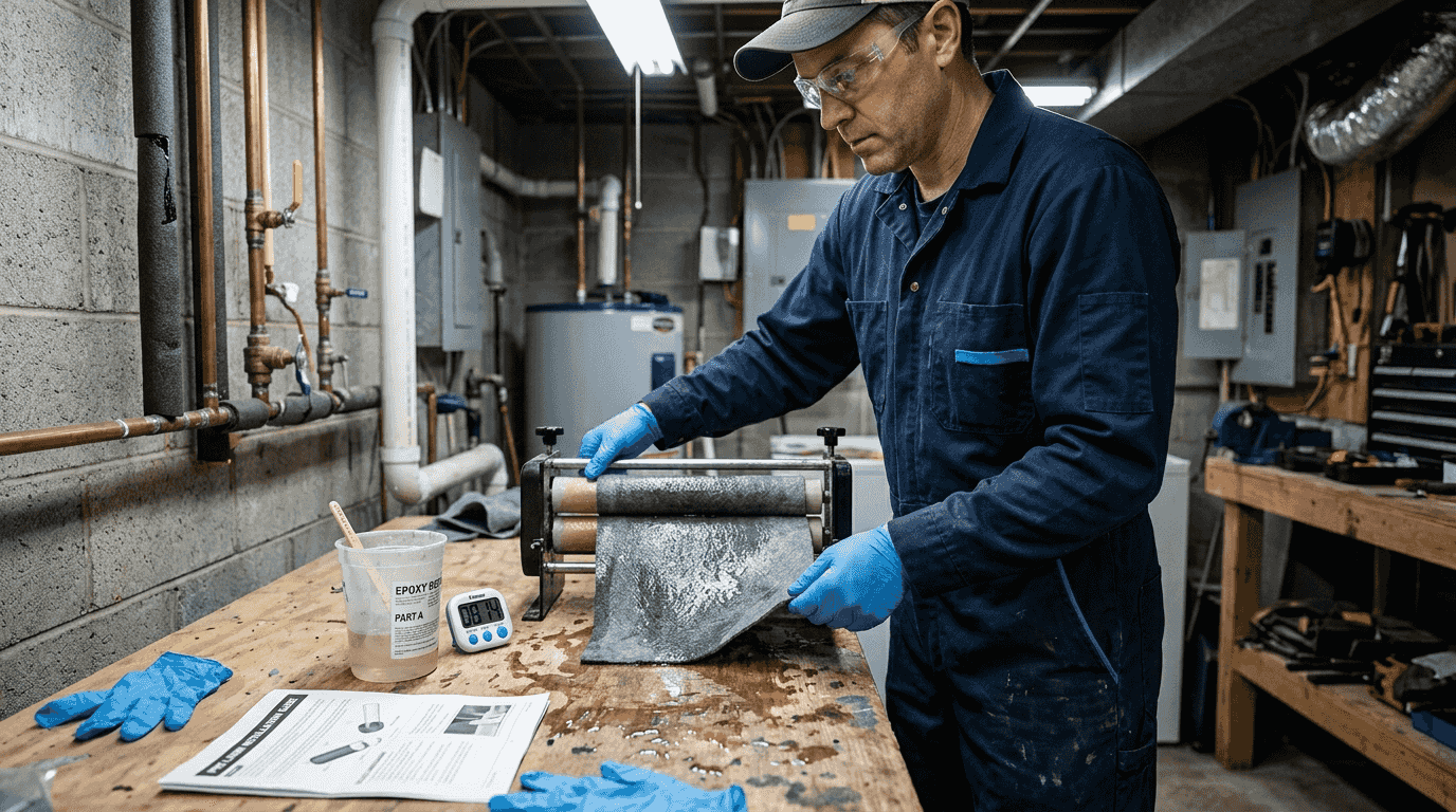 Technician preparing epoxy pipe liner