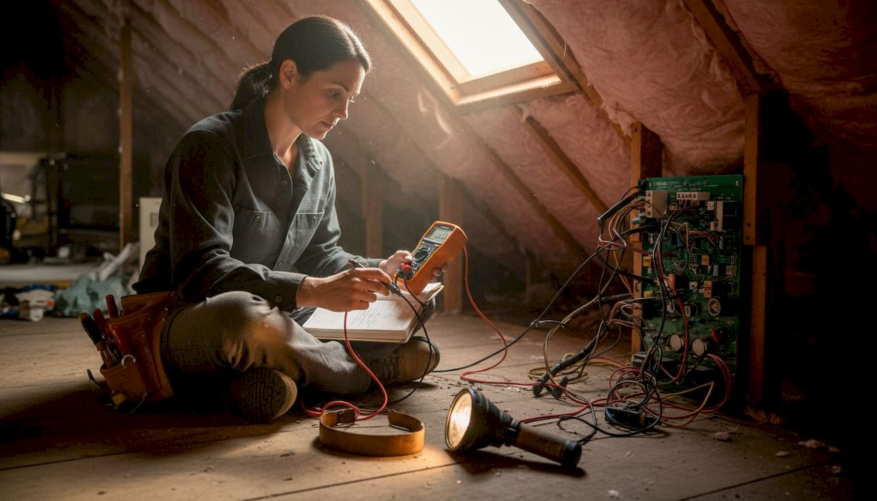Technician uses multimeter in Texas home attic