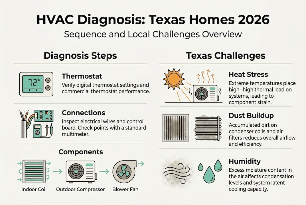 Infographic outlines HVAC diagnosis steps and Texas challenges