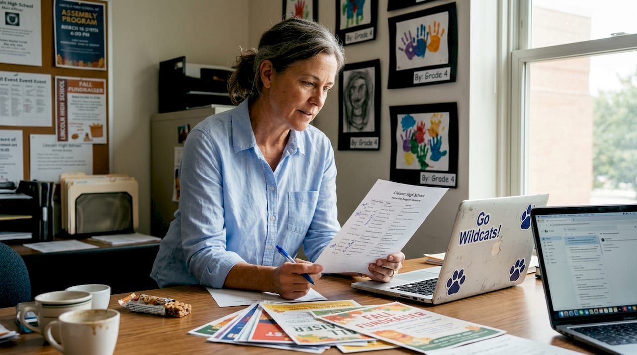 School staff reviewing assembly program schedule