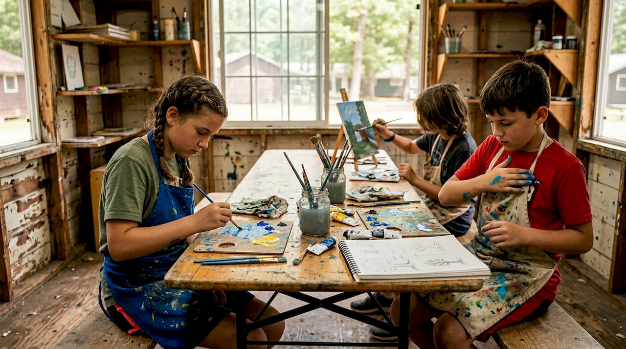 Children engaged in summer camp art workshop