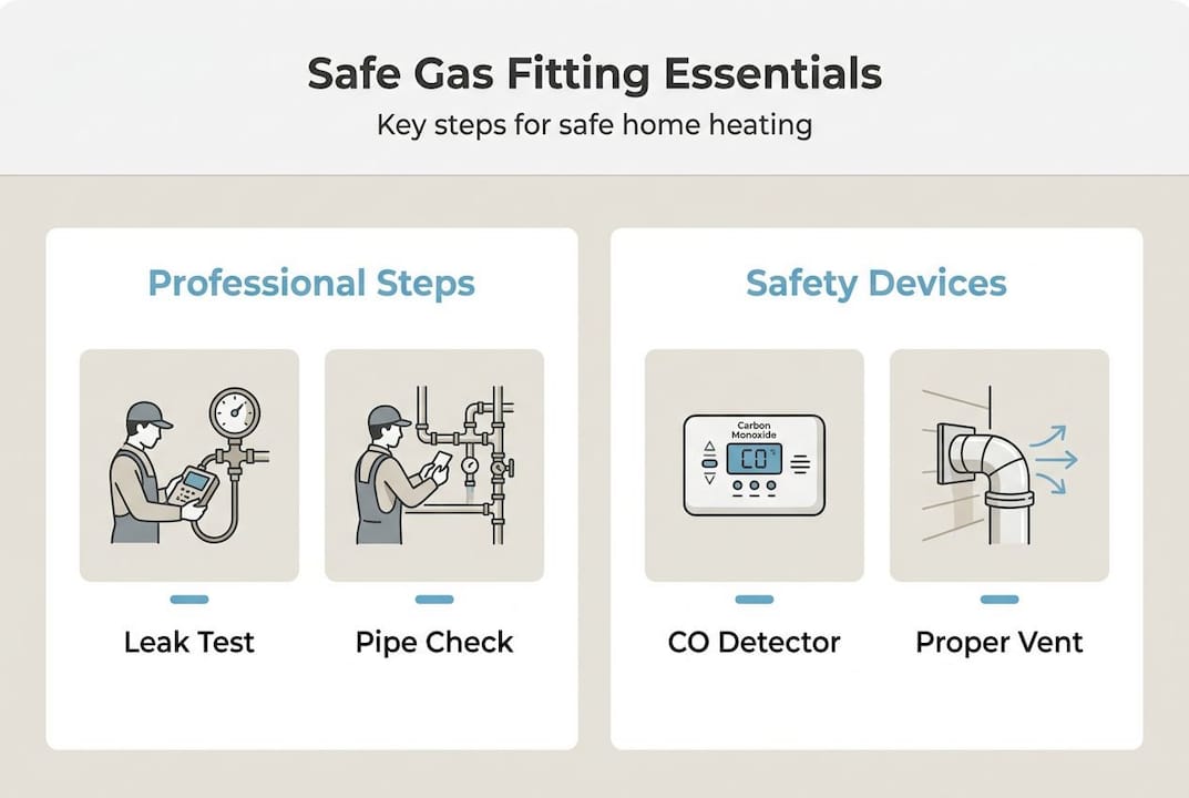 Infographic with gas fitting safety steps and devices